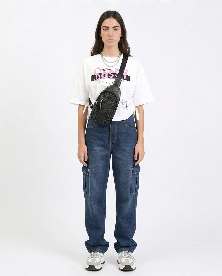 Ravin Women's Sassy Graphic Cinch-Side Oversized T-Shirt - White- Feminine Print Elbow Sleeves Tee - White - R211628