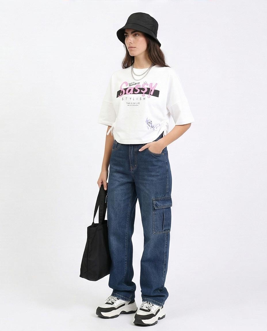 Ravin Women's Sassy Graphic Cinch-Side Oversized T-Shirt - White- Feminine Print Elbow Sleeves Tee - White - R211628