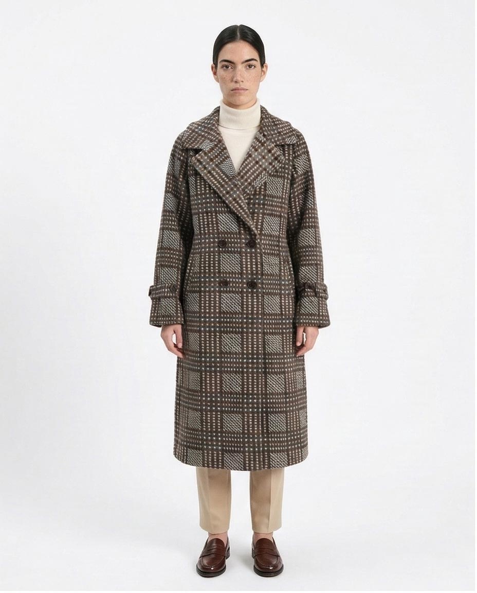 Ravin Checked Double-Breasted Longline Overcoat