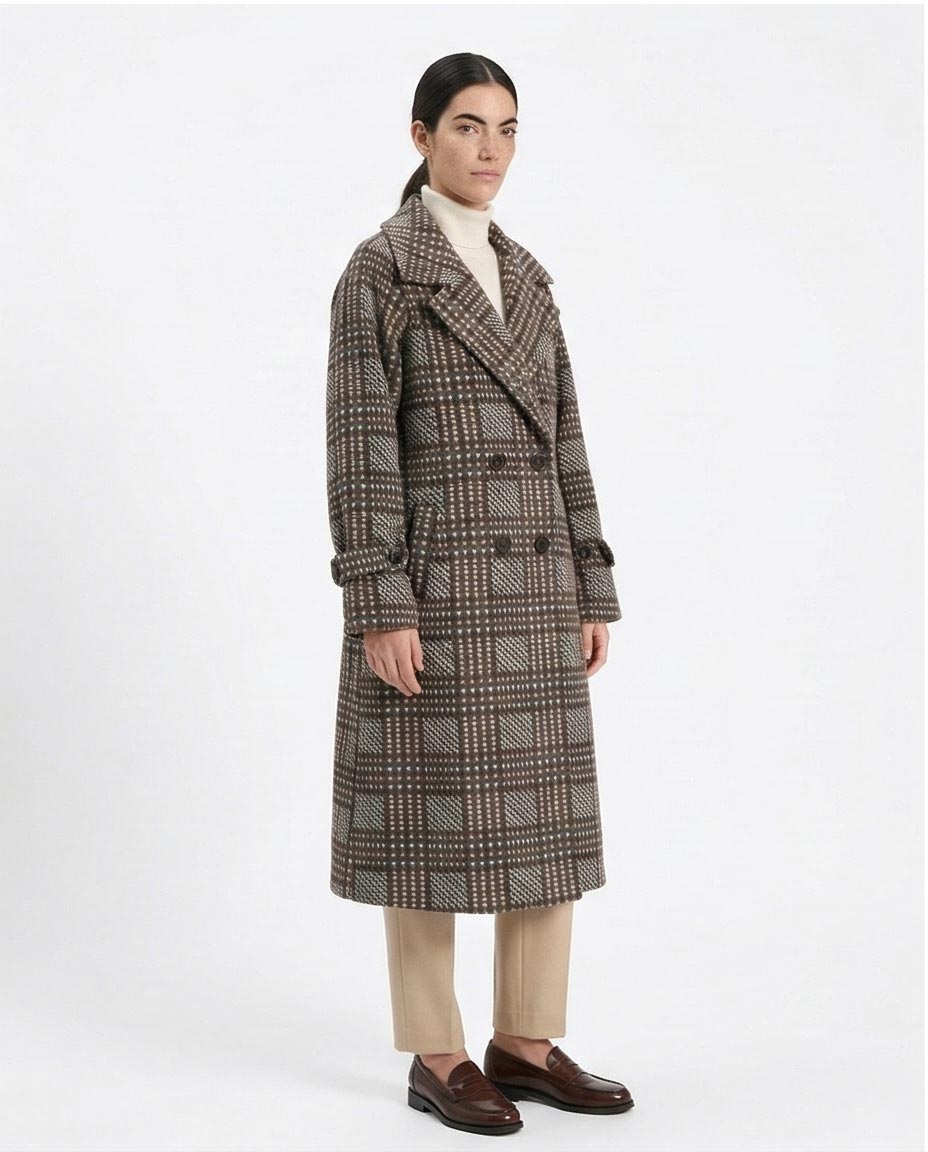 Ravin Checked Double-Breasted Longline Overcoat - R211662