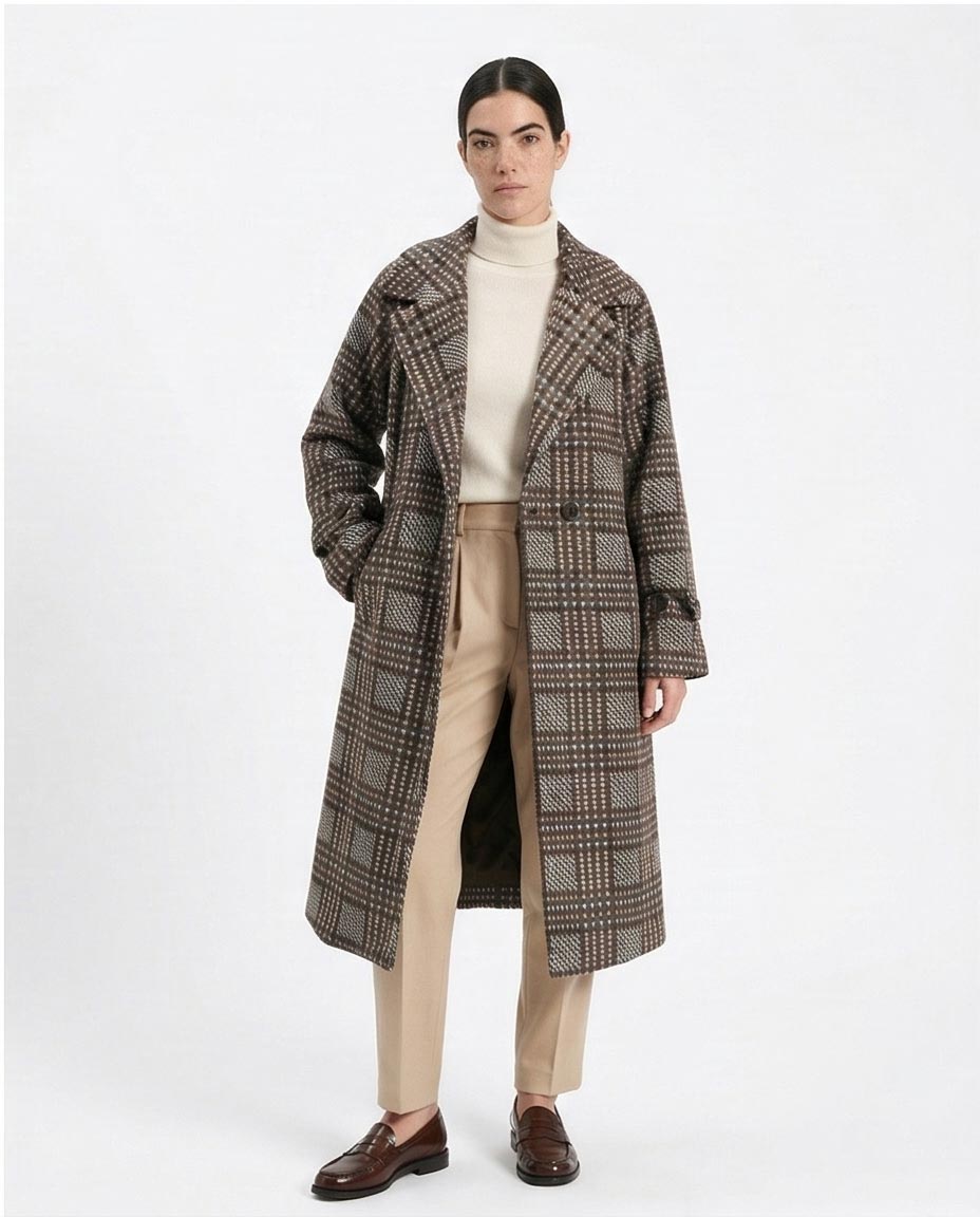 Ravin Checked Double-Breasted Longline Overcoat - R211662