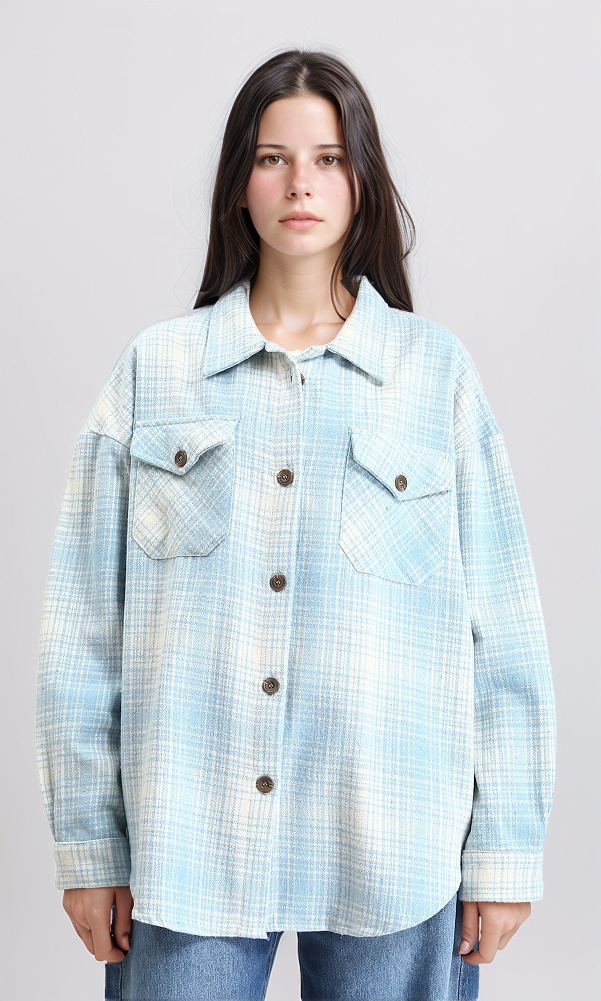 Tartan Long Sleeves Buttoned Shirt - Sky Blue & Beige