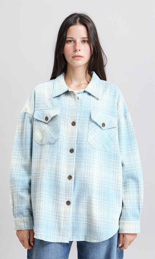 R211664 - Tartan Long Sleeves Buttoned Shirt - Sky Blue & Beige