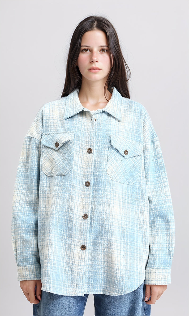 R211664 - Tartan Long Sleeves Buttoned Shirt - Sky Blue & Beige