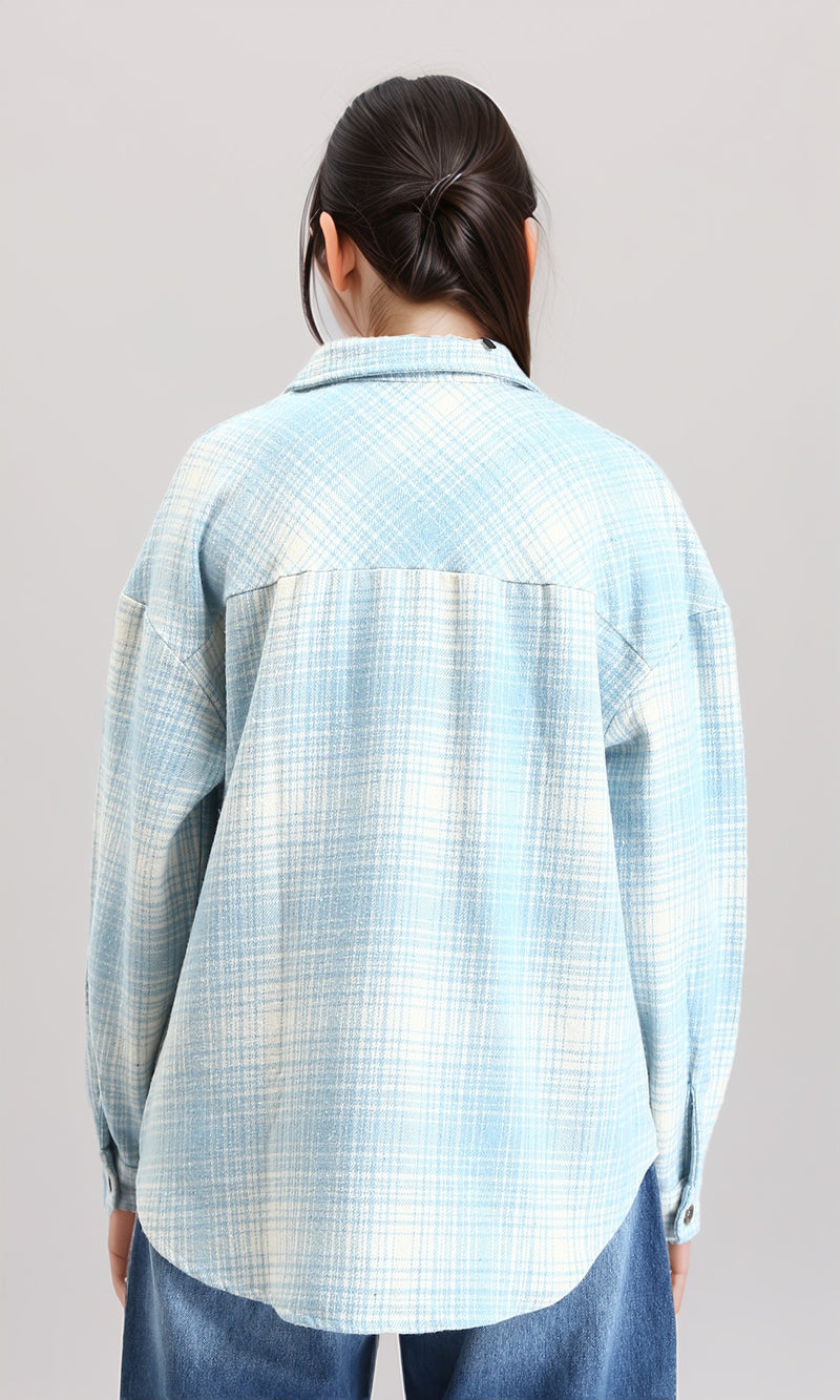 R211664 - Tartan Long Sleeves Buttoned Shirt - Sky Blue & Beige