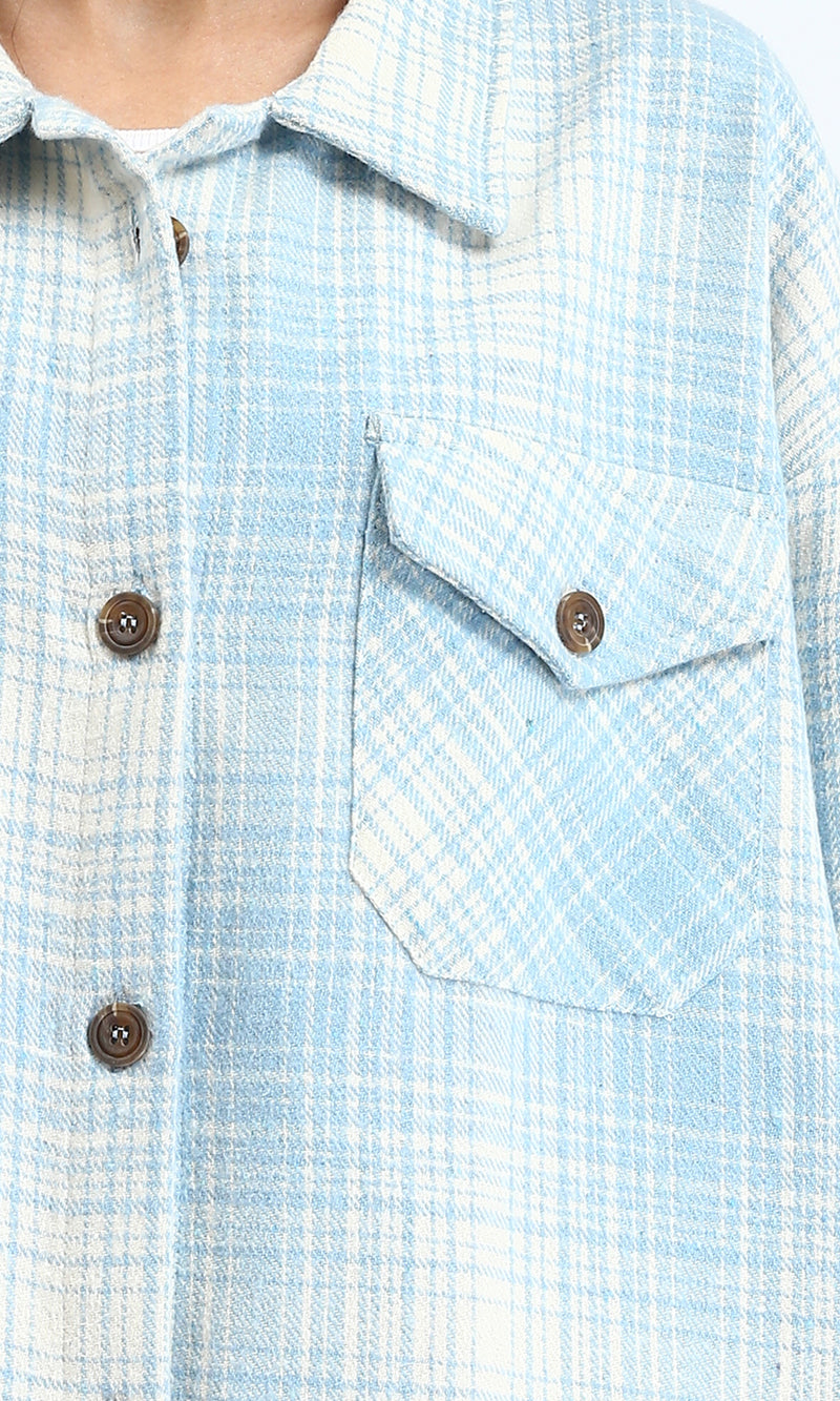 R211664 - Tartan Long Sleeves Buttoned Shirt - Sky Blue & Beige