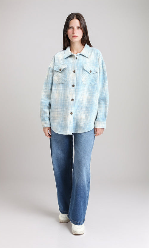 R211664 - Tartan Long Sleeves Buttoned Shirt - Sky Blue & Beige
