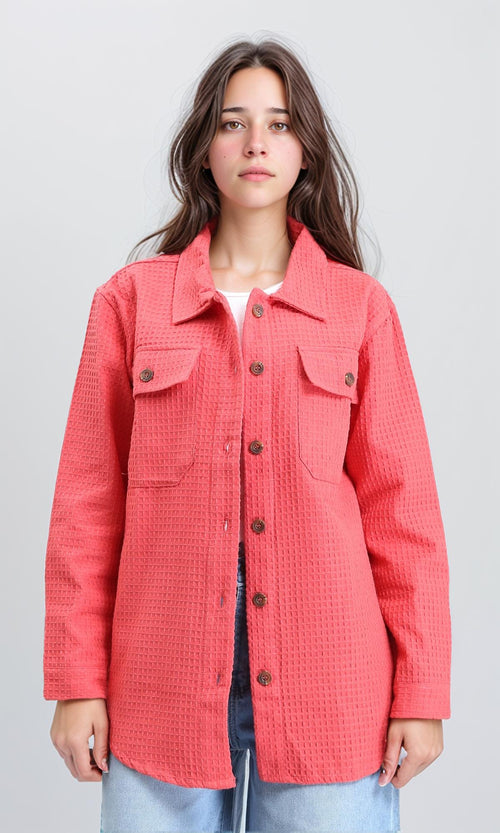 R211665 - Self Pattern Buttoned Long Shirt - Coral
