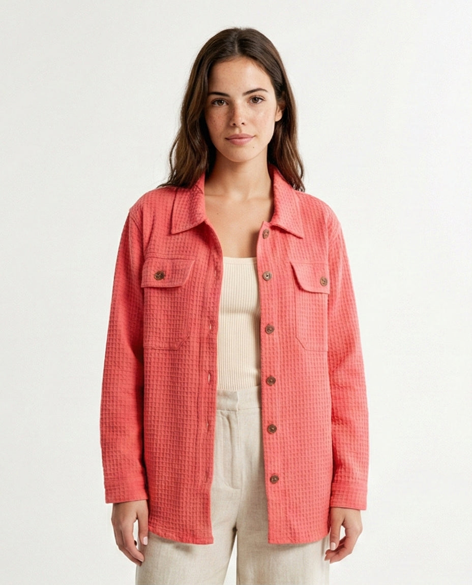 Self Pattern Buttoned Long Shirt - Coral
