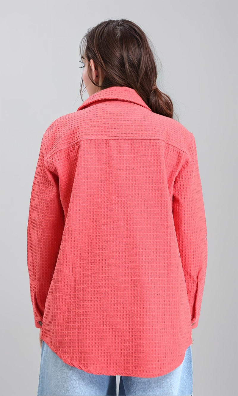 R211665 - Self Pattern Buttoned Long Shirt - Coral