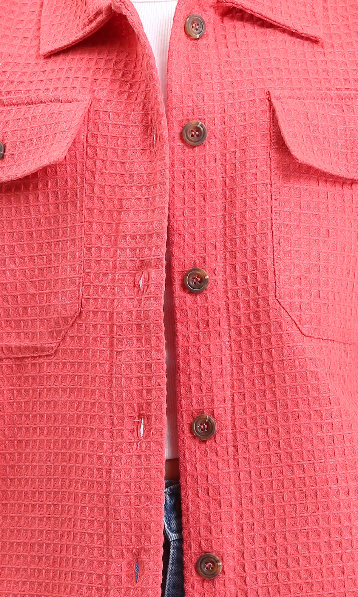 R211665 - Self Pattern Buttoned Long Shirt - Coral