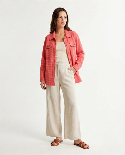 R211665 - Self Pattern Buttoned Long Shirt - Coral