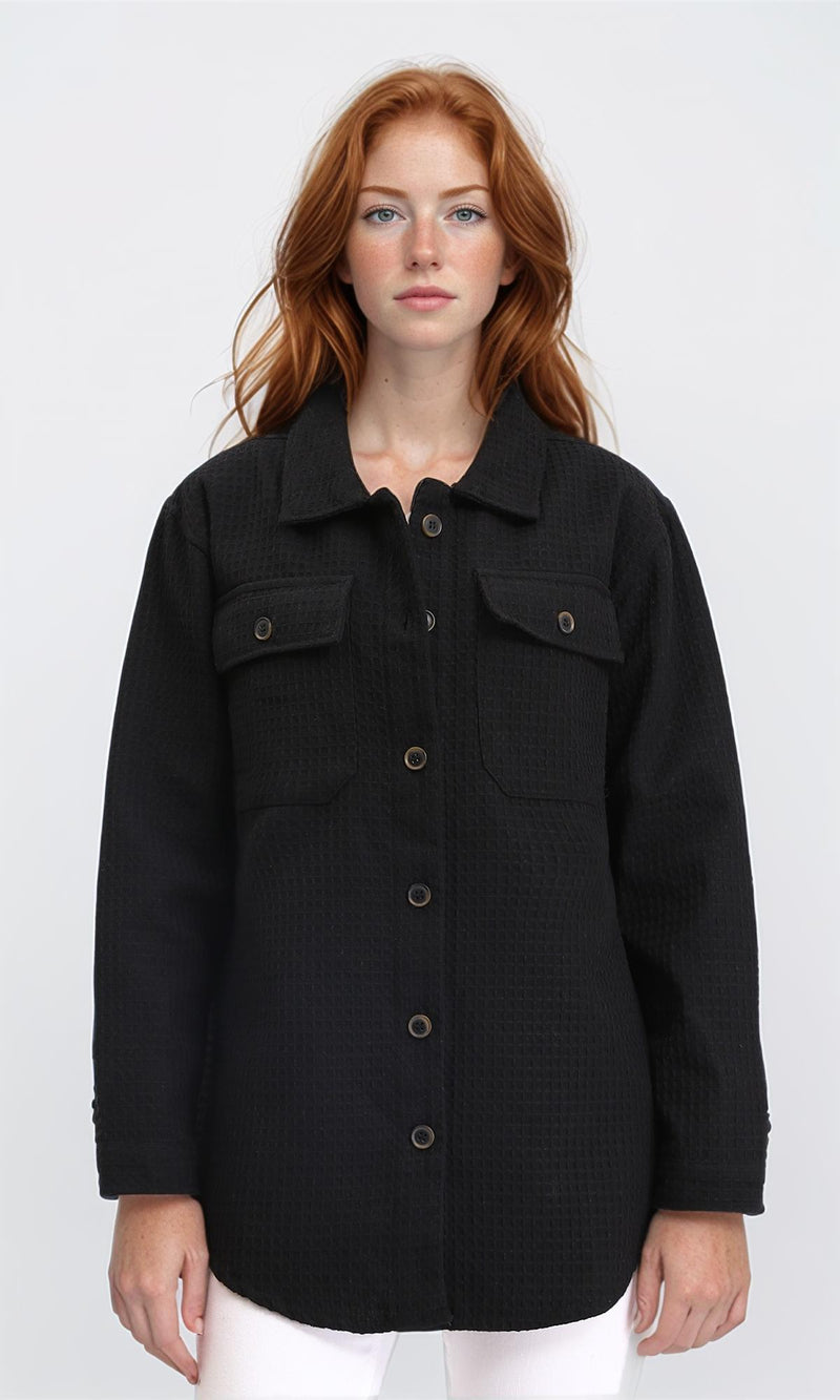 R211666 - Self Pattern Long Winter Shirt - Black