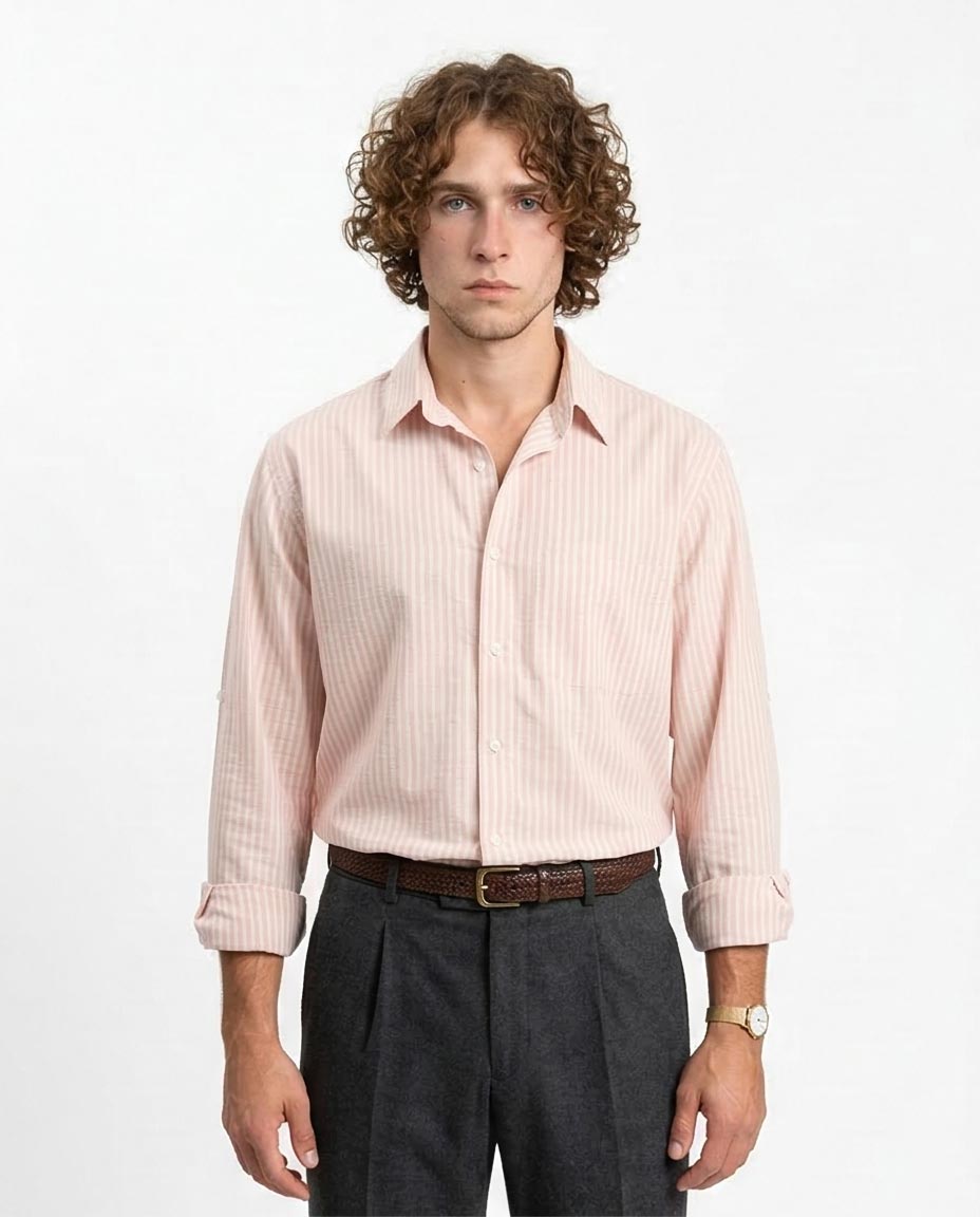 Man wearing a light pink striped shirt and dark gray pants on a white background