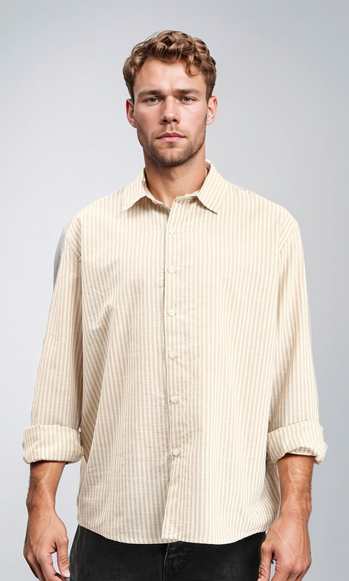 R211679 - Striped Long Sleeves Cotton Shirt - Mocha & White