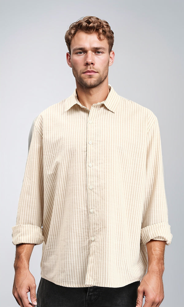 R211679 - Striped Long Sleeves Cotton Shirt - Mocha & White