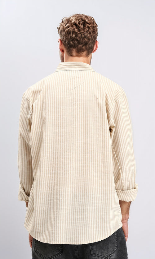 R211679 - Striped Long Sleeves Cotton Shirt - Mocha & White