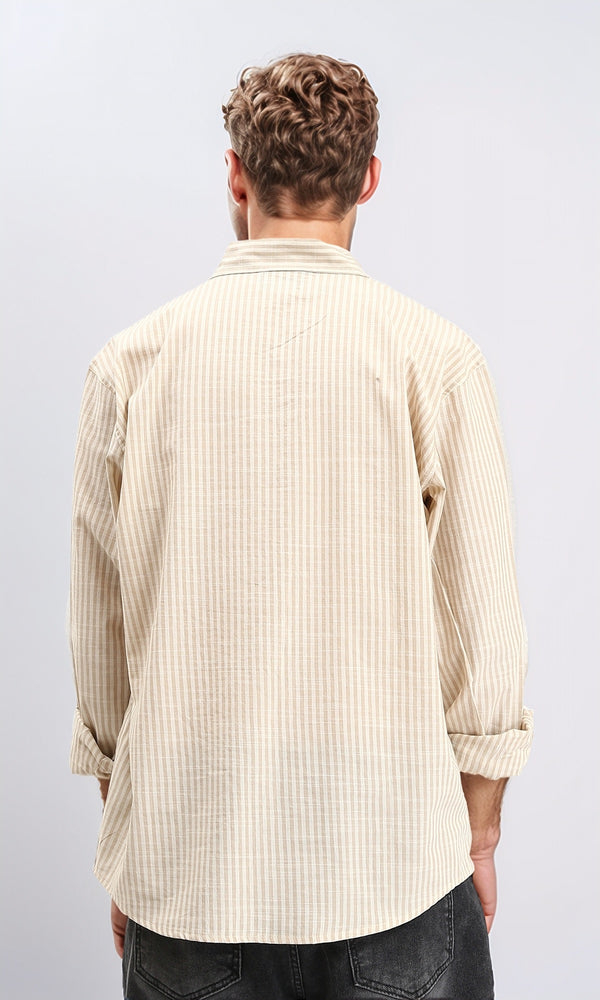 R211679 - Striped Long Sleeves Cotton Shirt - Mocha & White