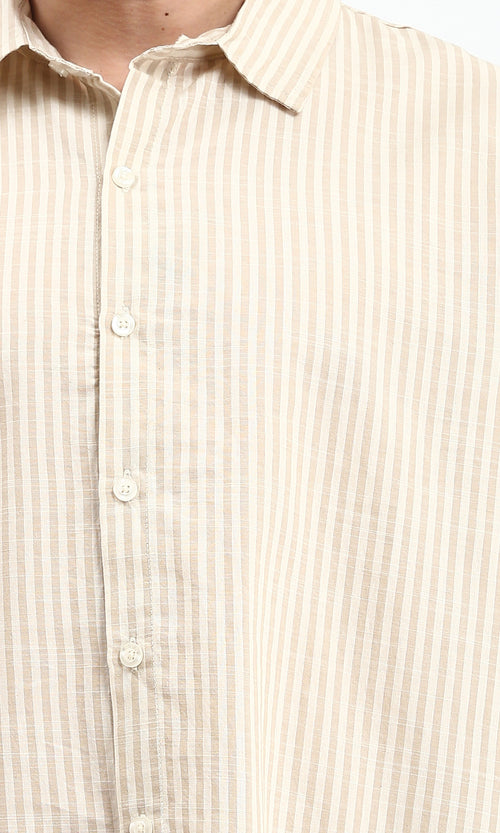 R211679 - Striped Long Sleeves Cotton Shirt - Mocha & White