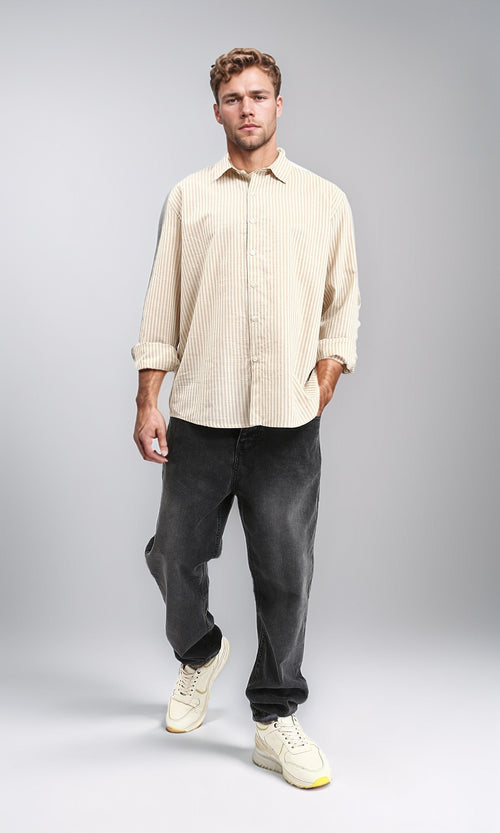 R211679 - Striped Long Sleeves Cotton Shirt - Mocha & White