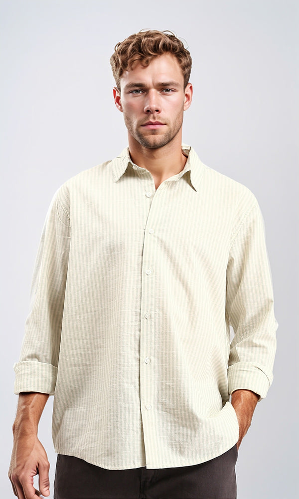 R211680 - Striped Long Sleeves Cotton Shirt - Beige & Mint