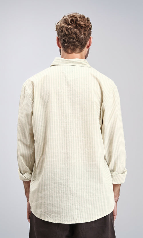 R211680 - Striped Long Sleeves Cotton Shirt - Beige & Mint