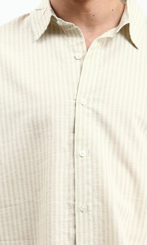 R211680 - Striped Long Sleeves Cotton Shirt - Beige & Mint
