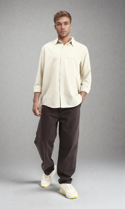 R211680 - Striped Long Sleeves Cotton Shirt - Beige & Mint