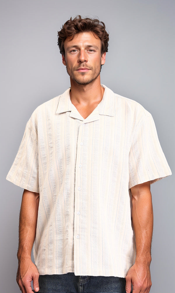 R211681 - Turn Down Collar Striped Cotton Shirt - Beige & Light Blue