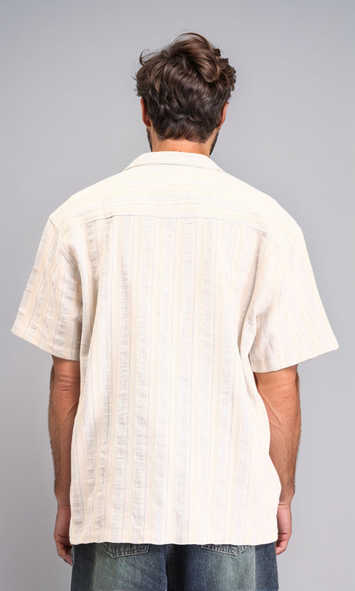 R211681 - Turn Down Collar Striped Cotton Shirt - Beige & Light Blue
