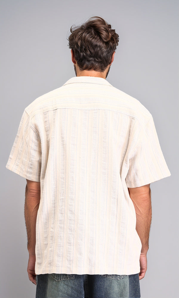 R211681 - Turn Down Collar Striped Cotton Shirt - Beige & Light Blue