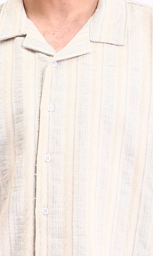 R211681 - Turn Down Collar Striped Cotton Shirt - Beige & Light Blue