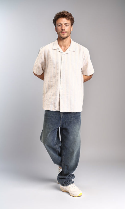 R211681 - Turn Down Collar Striped Cotton Shirt - Beige & Light Blue