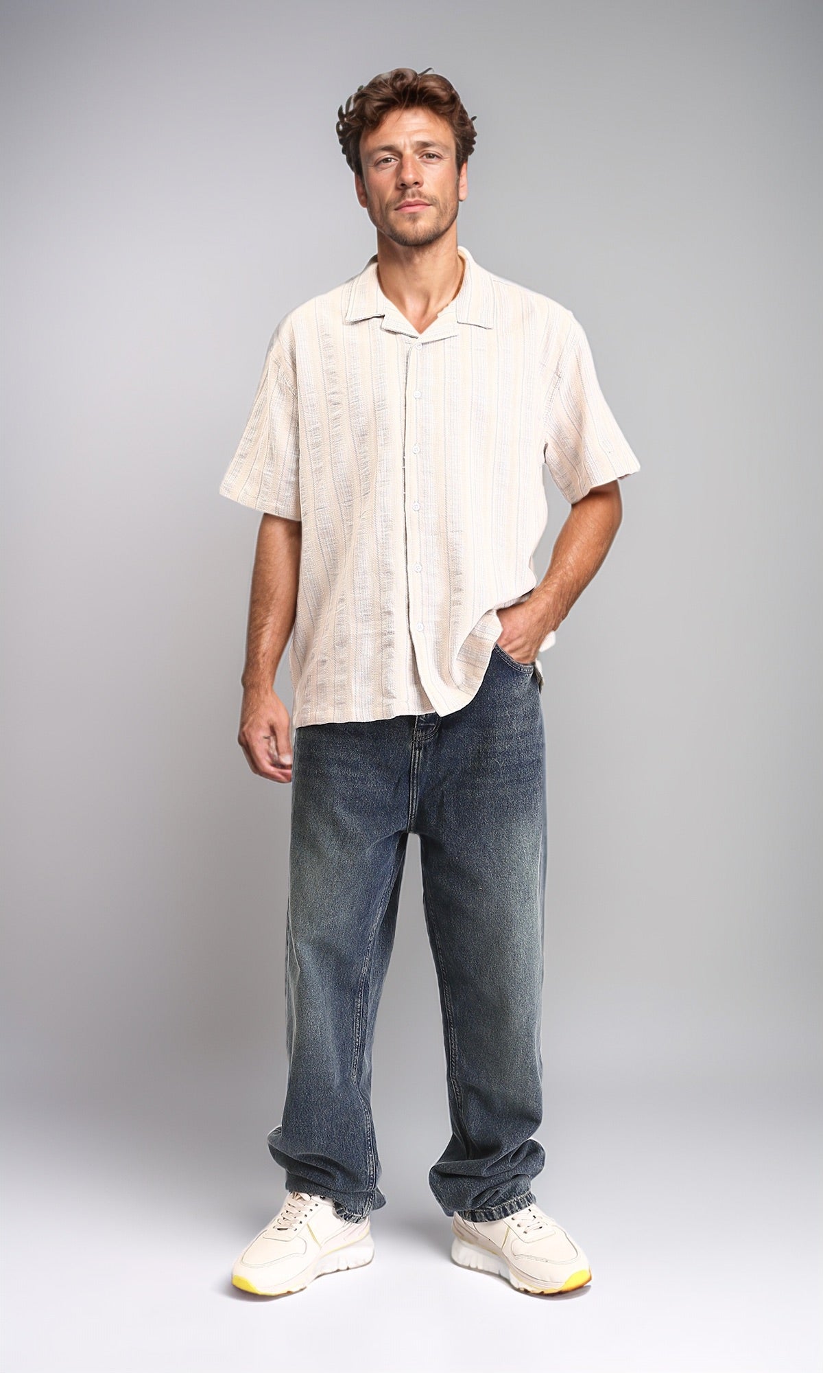 R211681 - Turn Down Collar Striped Cotton Shirt - Beige & Light Blue