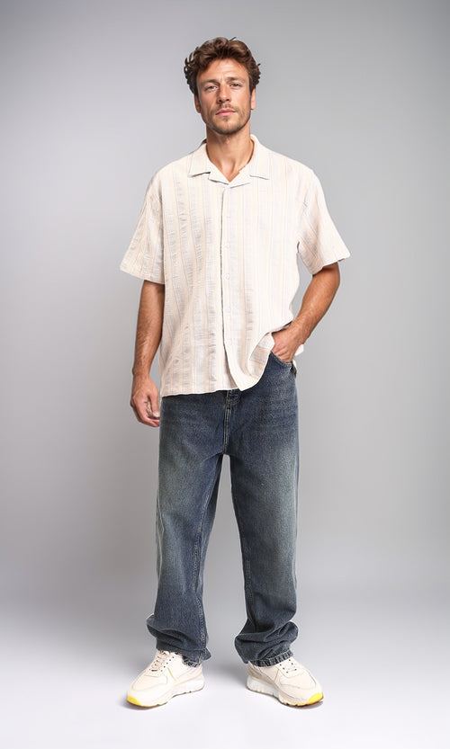 R211681 - Turn Down Collar Striped Cotton Shirt - Beige & Light Blue