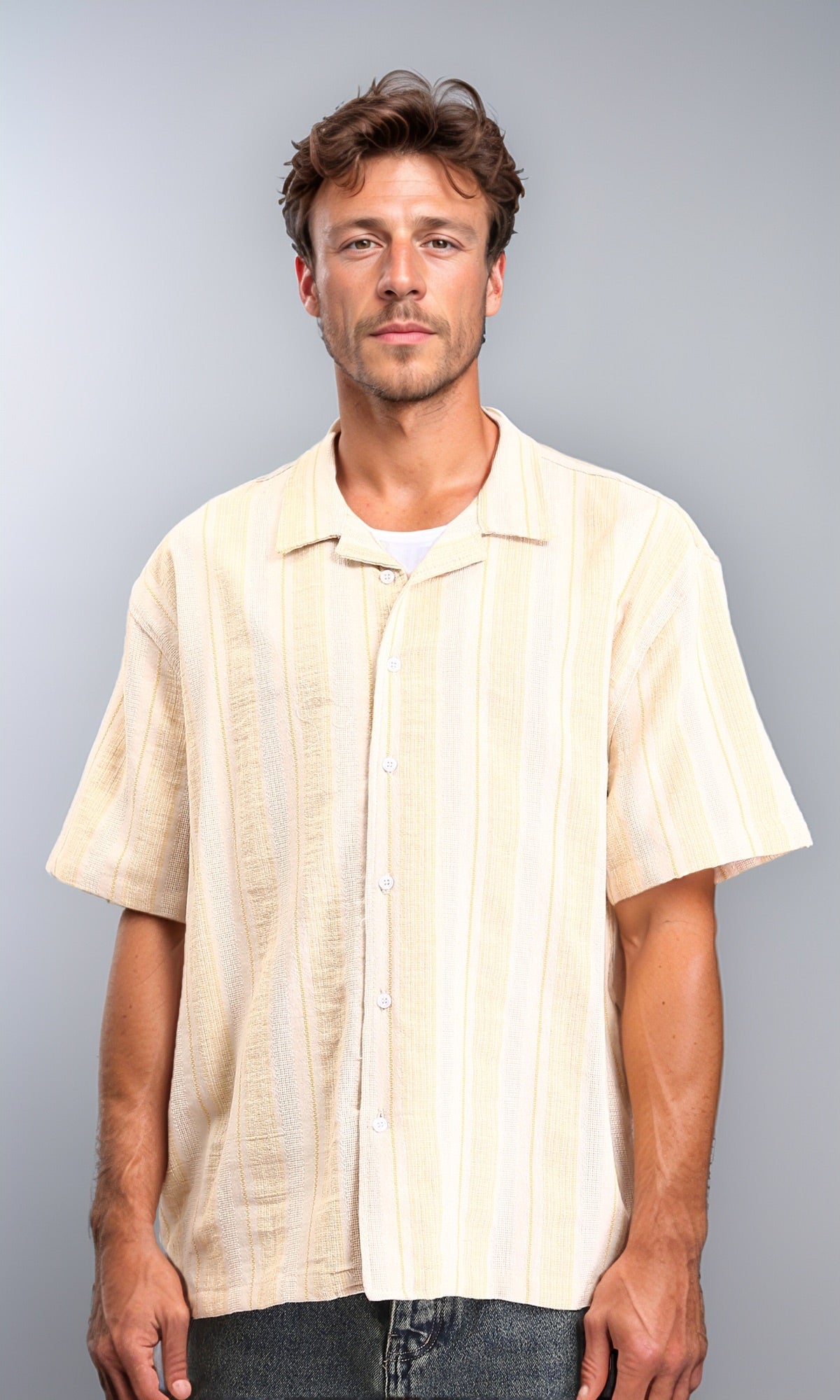 Turn Down Collar Striped Cotton Shirt - Beige & Yellow