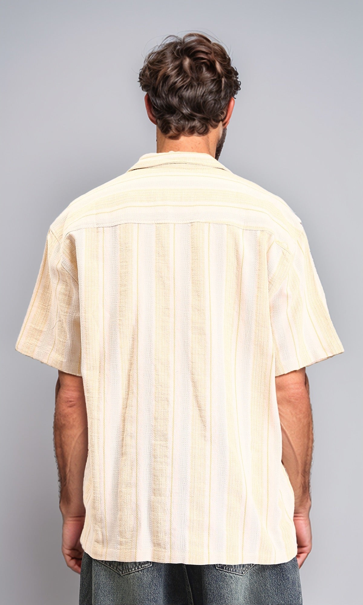 R211682 - Turn Down Collar Striped Cotton Shirt - Beige & Yellow