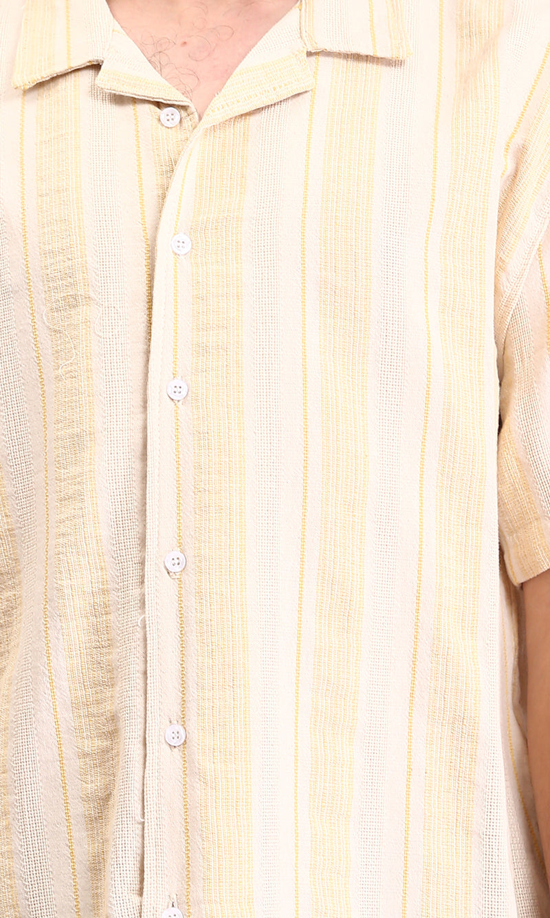 R211682 - Turn Down Collar Striped Cotton Shirt - Beige & Yellow
