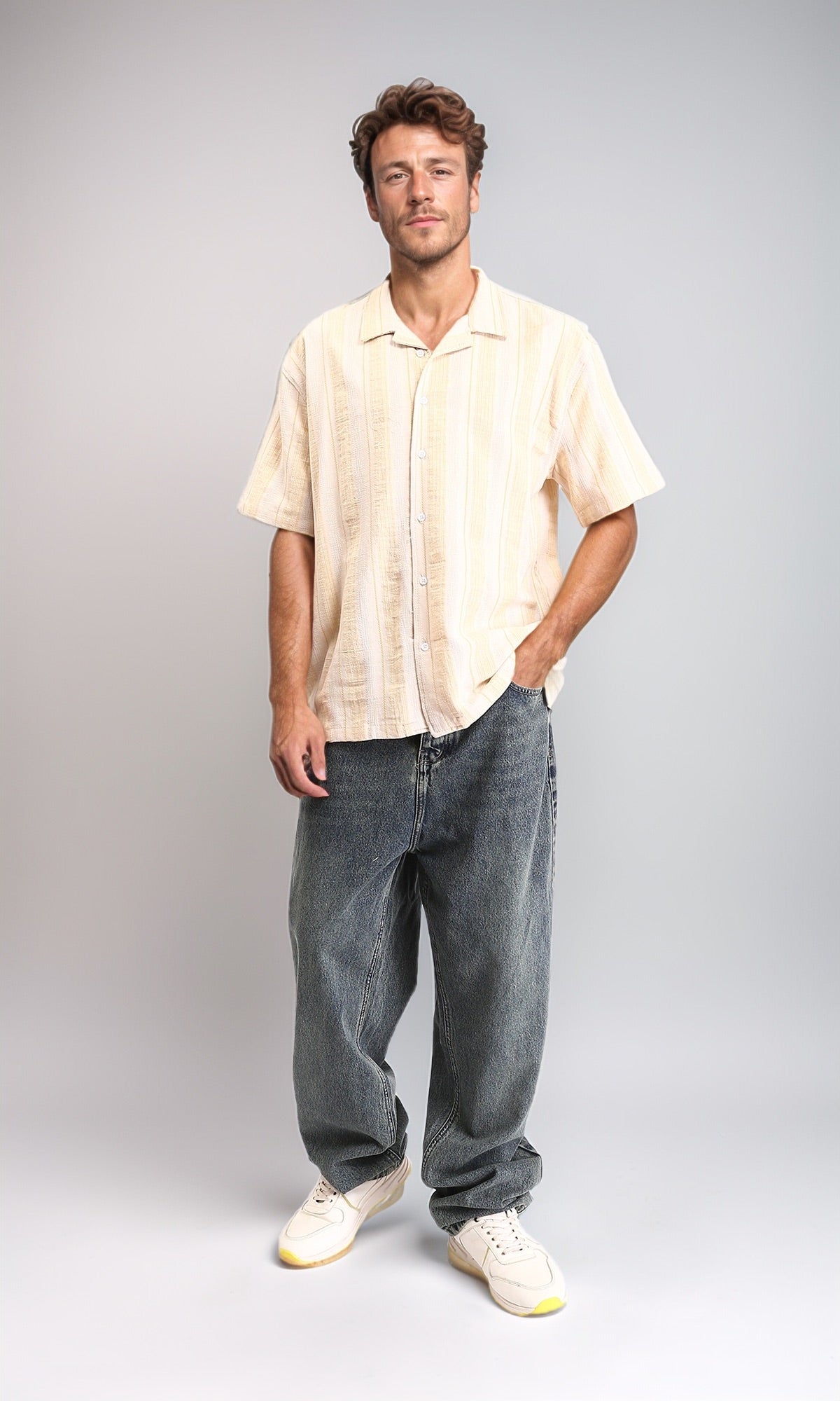 R211682 - Turn Down Collar Striped Cotton Shirt - Beige & Yellow