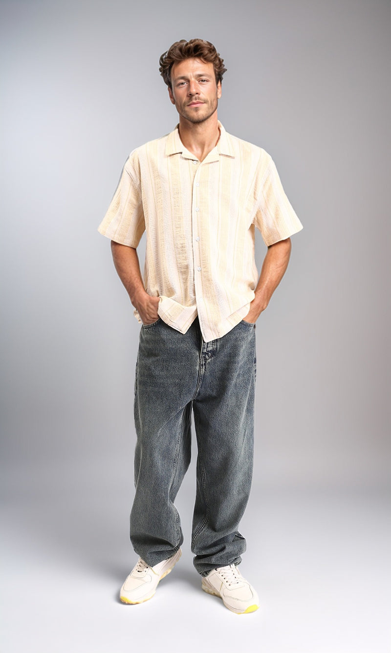 R211682 - Turn Down Collar Striped Cotton Shirt - Beige & Yellow