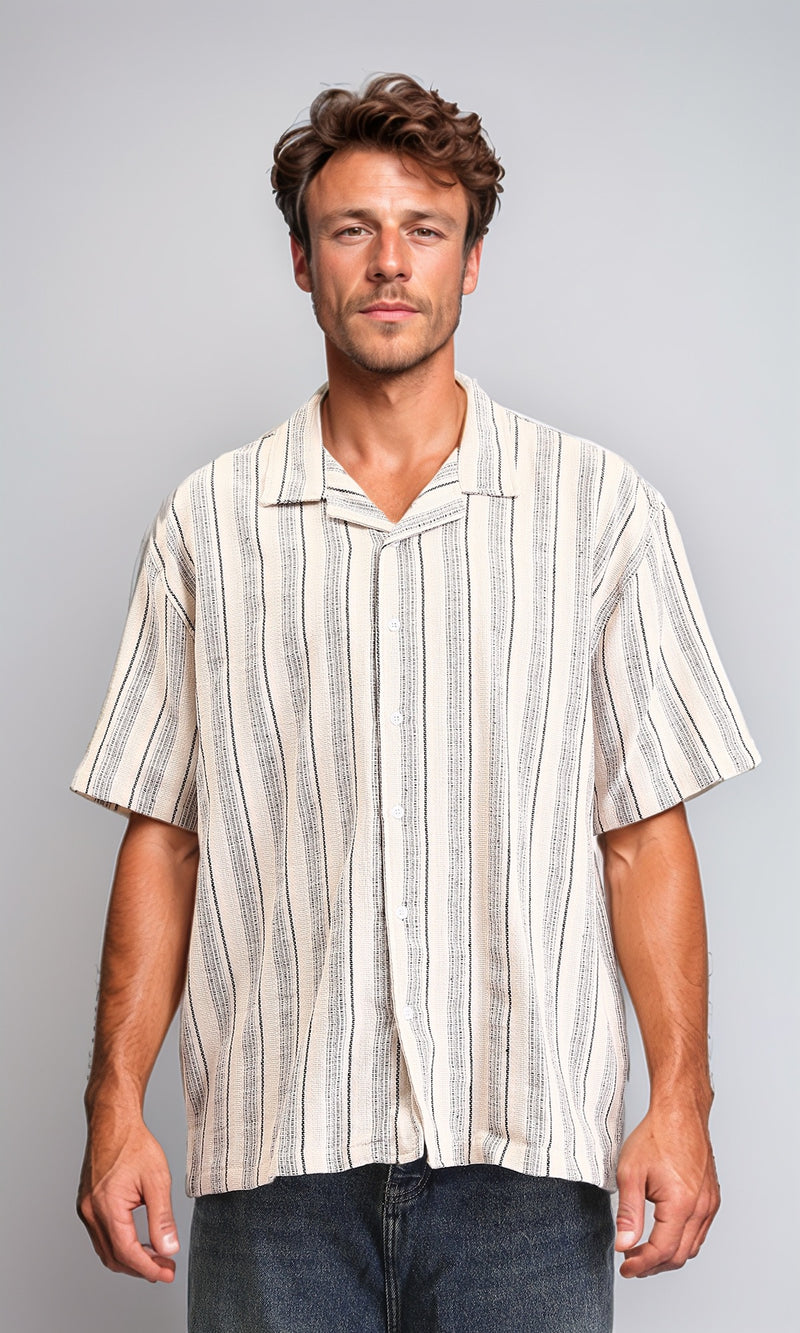 R211683 - Turn Down Collar Striped Cotton Shirt - Beige & Black
