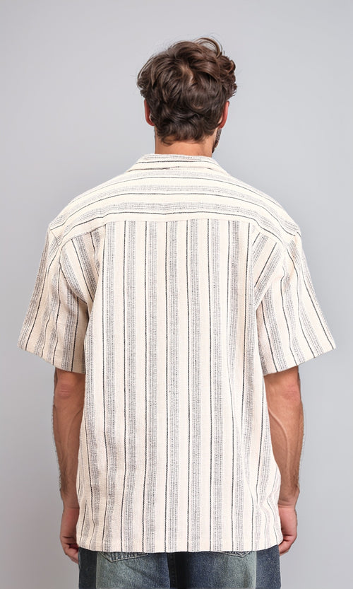 R211683 - Turn Down Collar Striped Cotton Shirt - Beige & Black