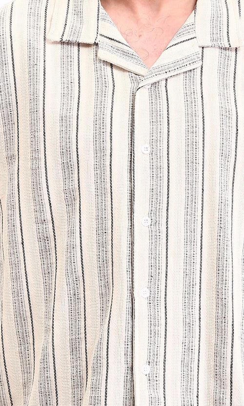R211683 - Turn Down Collar Striped Cotton Shirt - Beige & Black