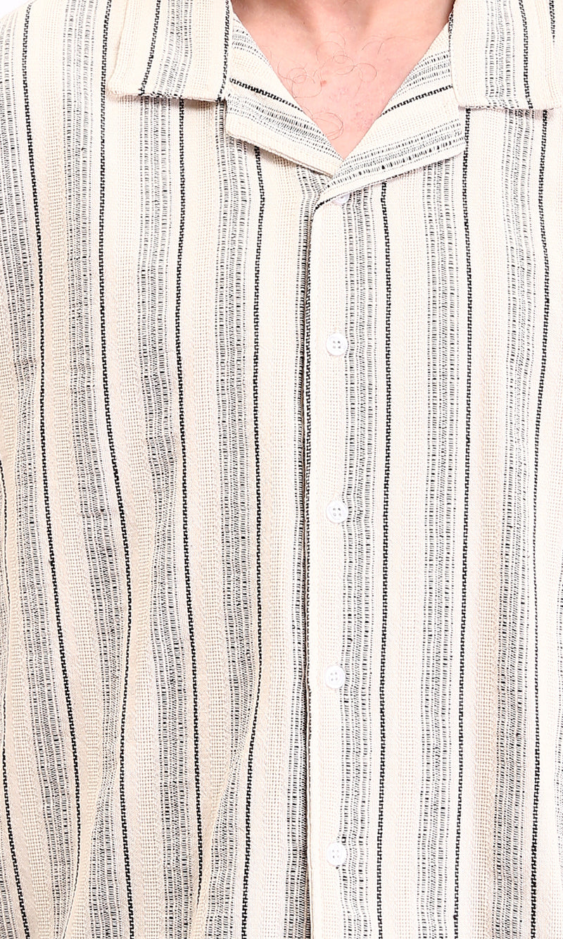 R211683 - Turn Down Collar Striped Cotton Shirt - Beige & Black