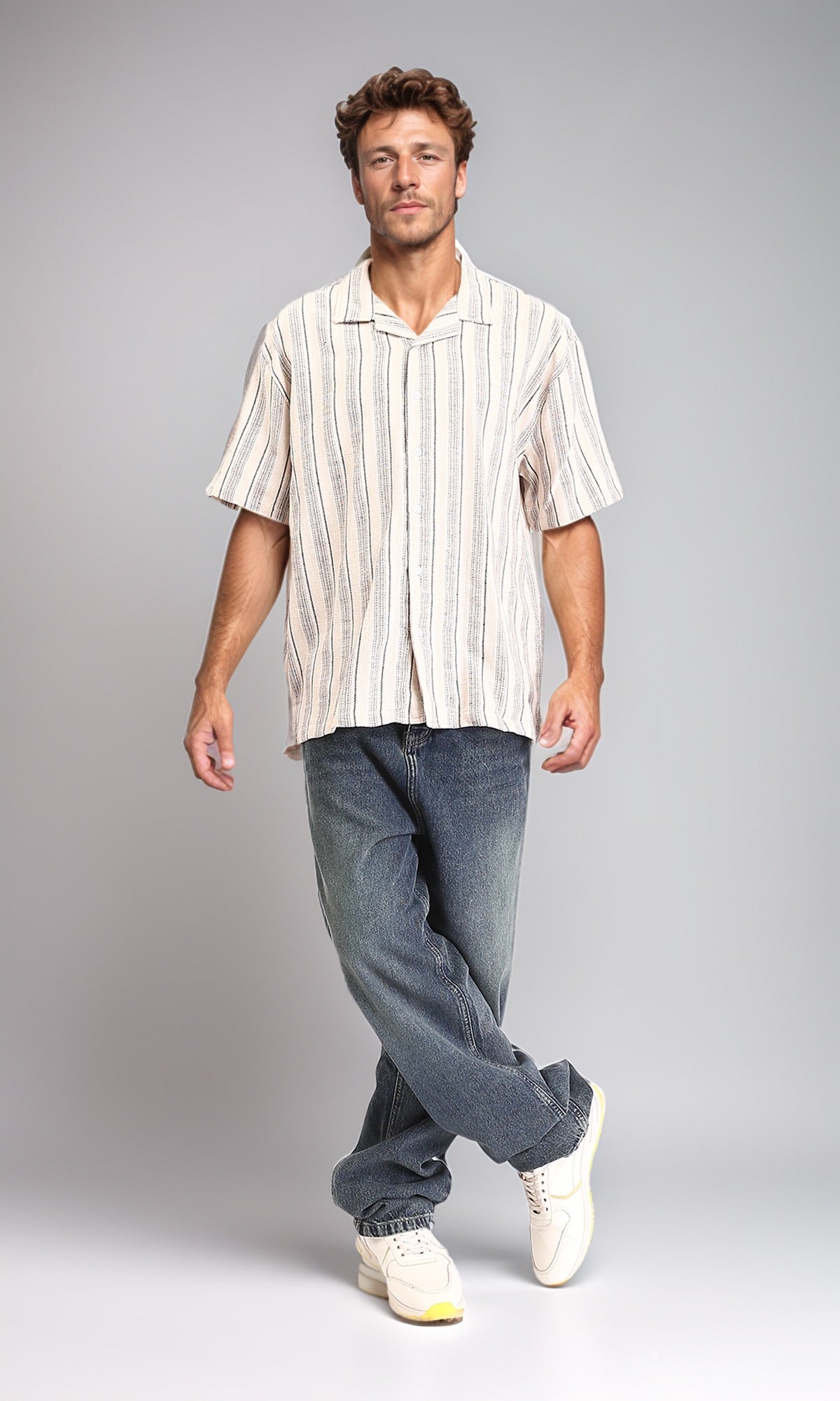 R211683 - Turn Down Collar Striped Cotton Shirt - Beige & Black