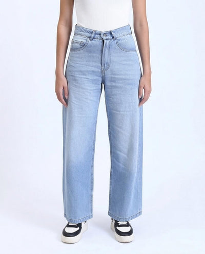 High-Waisted Wide-Leg Denim Jeans In Light Blue