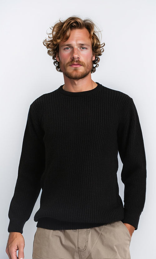 Ribbed Round Neck Knitted Pullover - Black