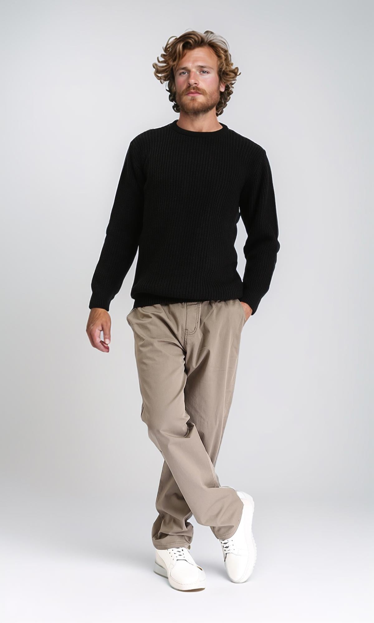 R211727 - Ribbed Round Neck Knitted Pullover - Black