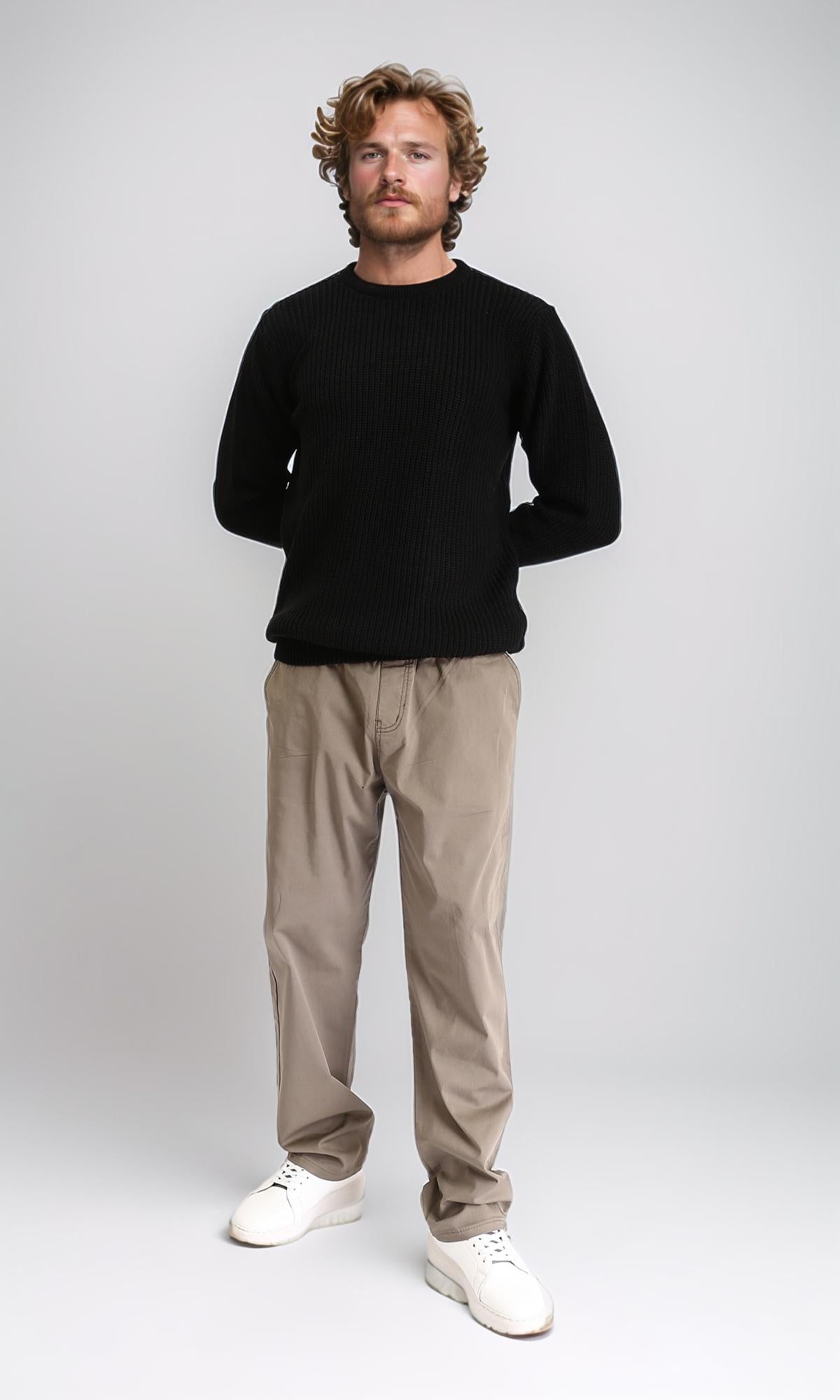 R211727 - Ribbed Round Neck Knitted Pullover - Black