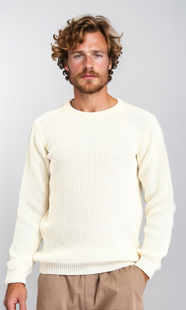 Ribbed Round Neck Knitted Pullover - Cream
